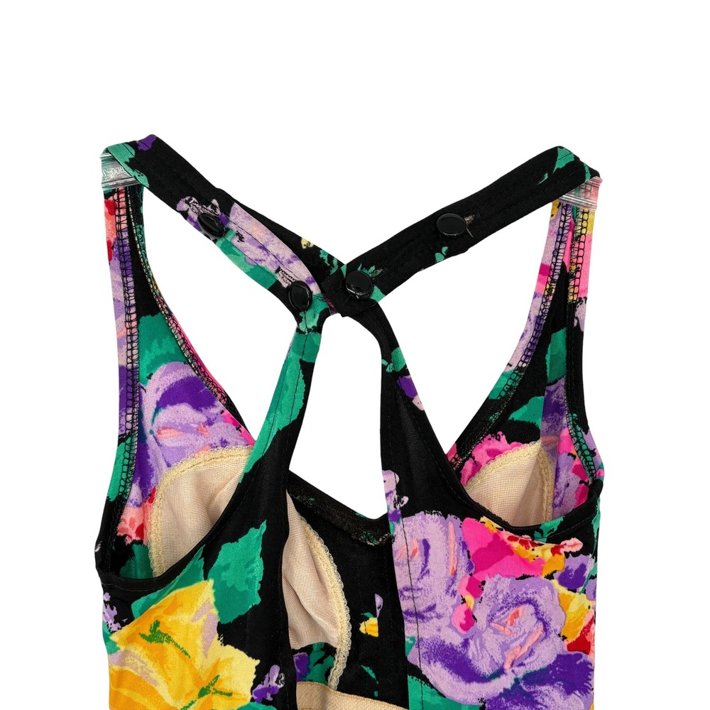 Vintage Floral Swim Dress Black Multi Color Ruffle One Piece Swimsuit Size L - Picture 5 of 6